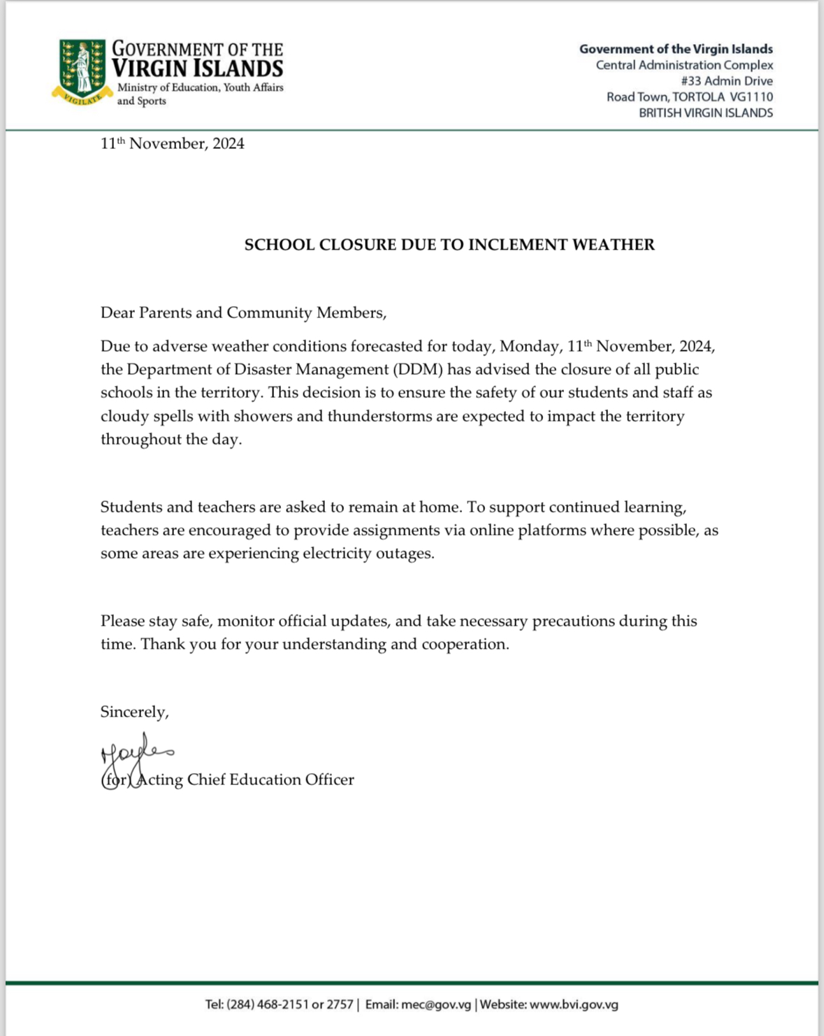 Schools Closed Across Territory Due To Weather