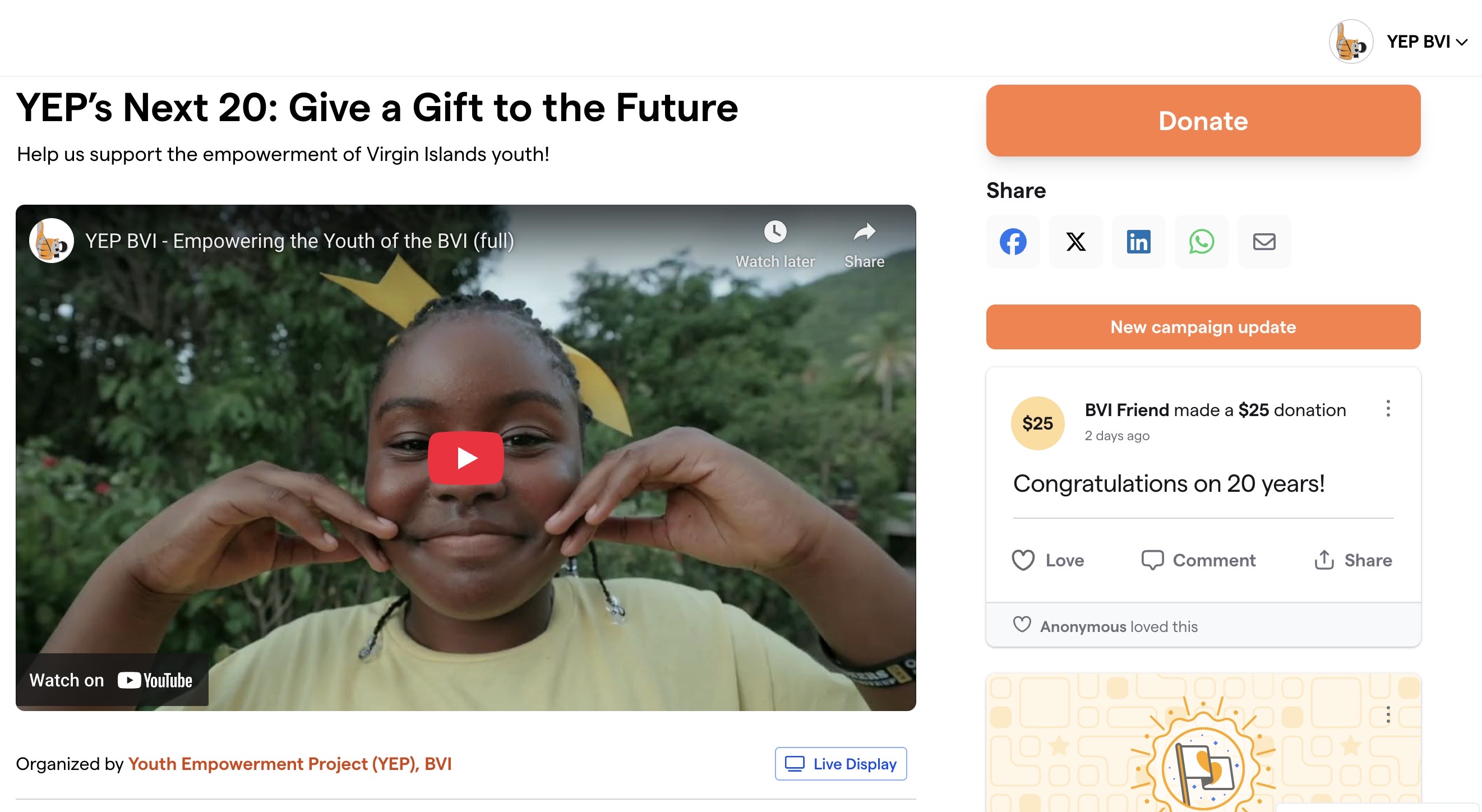 YEP LAUNCHES FUNDRAISING CAMPAIGN TO MARK 20 YEARS OF YOUTH IMPACT