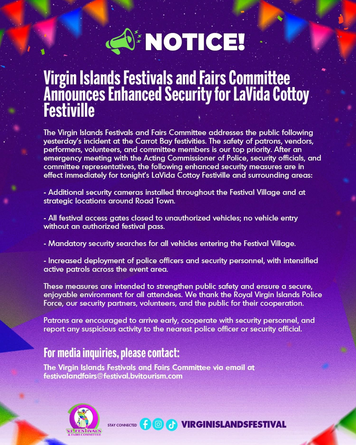 Enhanced Security Measures Announced for LaVida Cottay Festiville Following Carrot Bay Incident